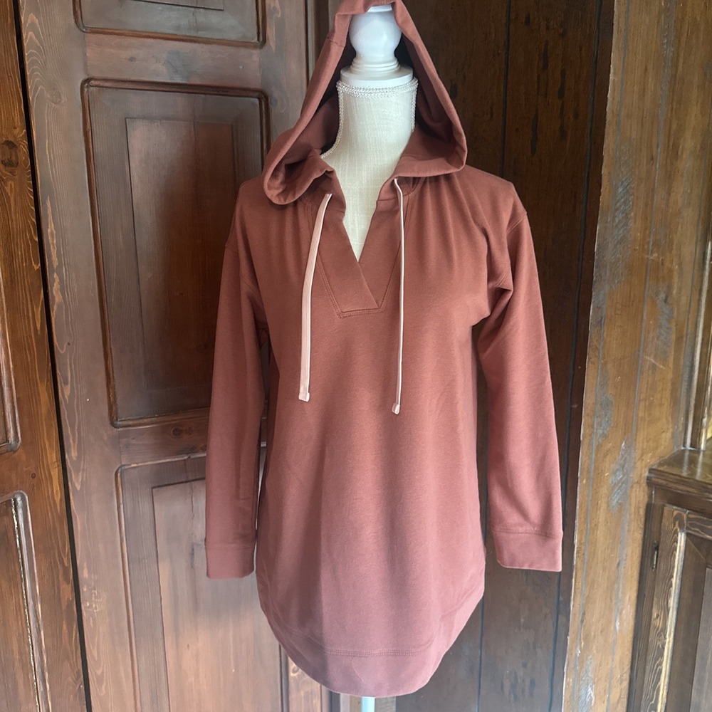 J Jill Fit Women Small Petite Rust‎ V Neck Hooded Tunic Sweatshirt Pullover EUC